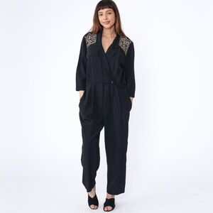 VIA SANT ANDREA | Vintage Black Gold Embroidered Shoulder Jumpsuit Sz 10P
